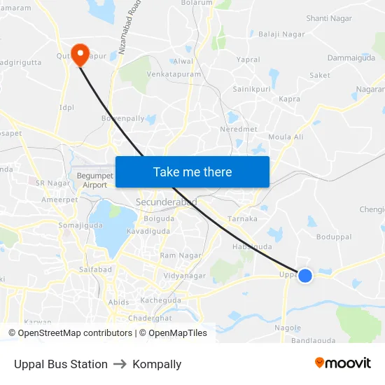 Uppal Bus Station to Kompally map