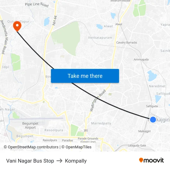Vani Nagar Bus Stop to Kompally map