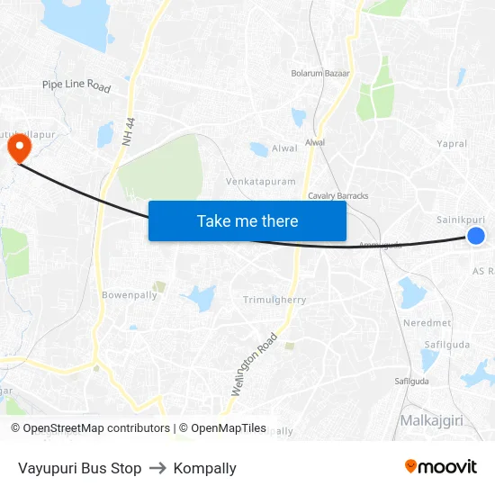 Vayupuri Bus Stop to Kompally map
