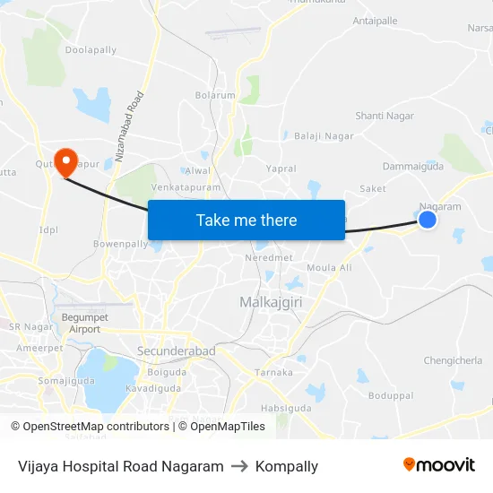 Vijaya Hospital Road Nagaram to Kompally map