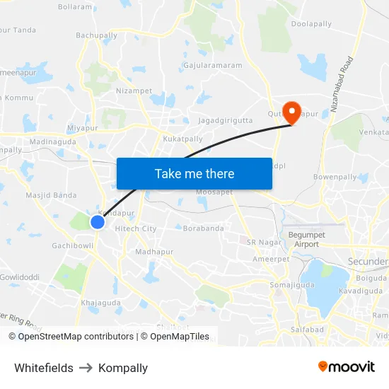 Whitefields to Kompally map
