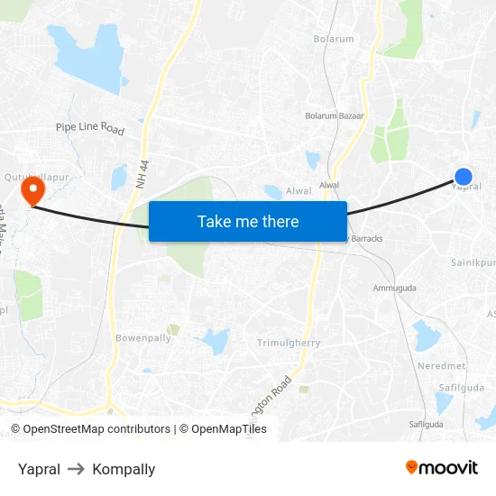 Yapral to Kompally map