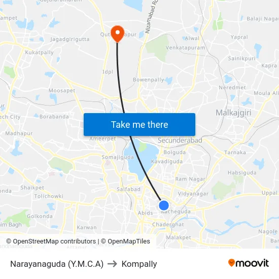 Narayanaguda (Y.M.C.A) to Kompally map