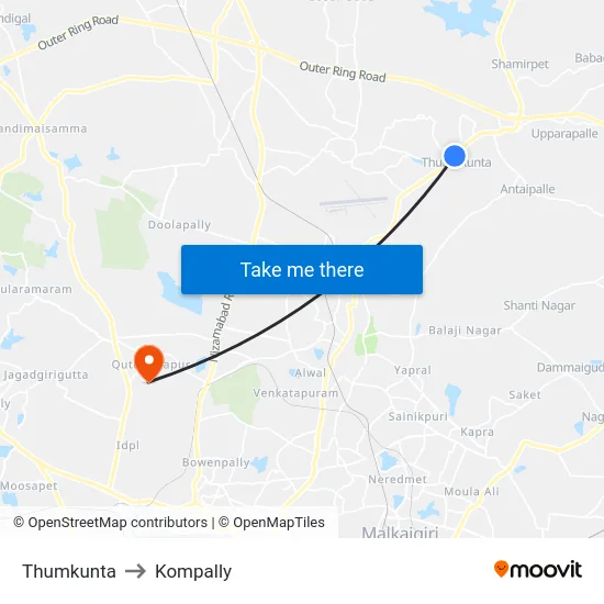 Thumkunta to Kompally map