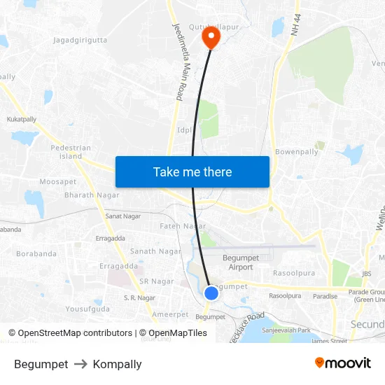Begumpet to Kompally map