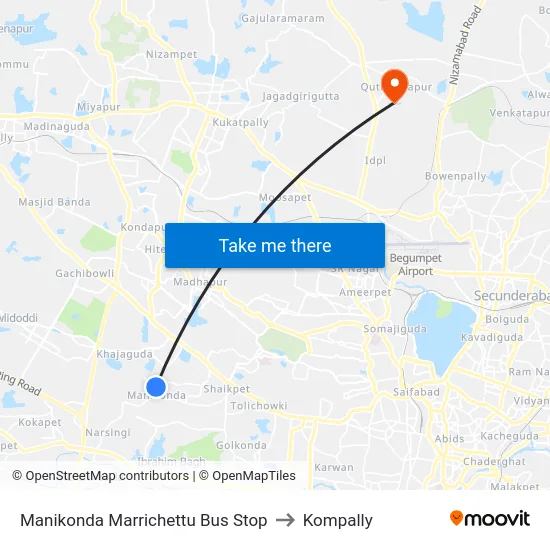 Manikonda Marrichettu Bus Stop to Kompally map