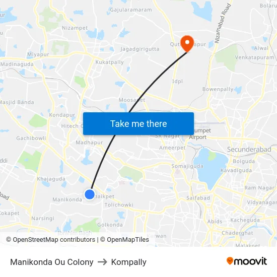 Manikonda Ou Colony to Kompally map