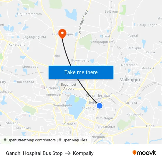 Gandhi Hospital Bus Stop to Kompally map