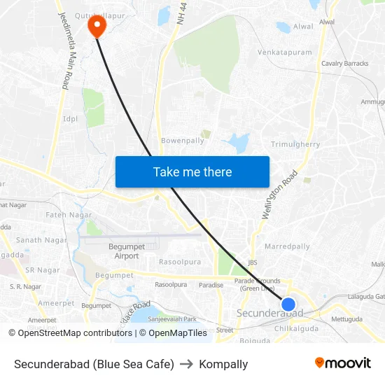 Secunderabad (Blue Sea Cafe) to Kompally map