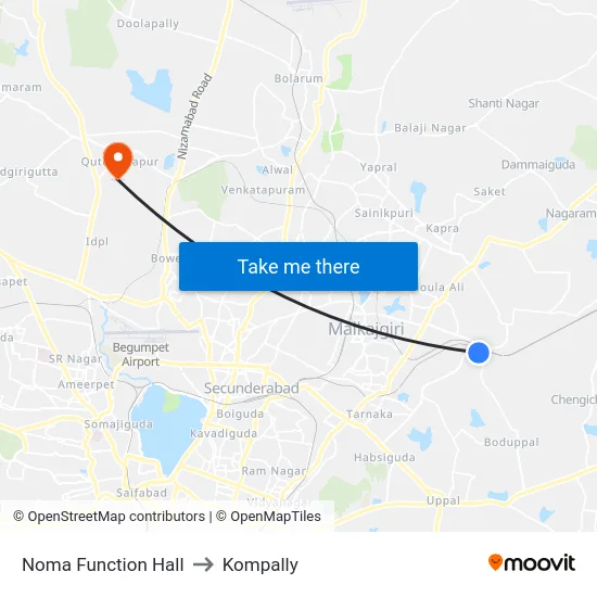 Noma Function Hall to Kompally map