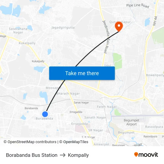Borabanda Bus Station to Kompally map