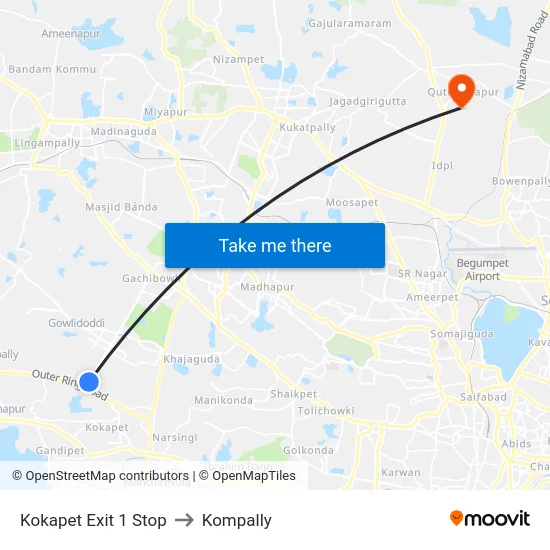 Kokapet Exit 1 Stop to Kompally map