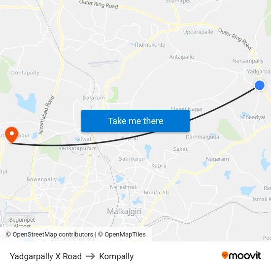 Yadgarpally X Road to Kompally map