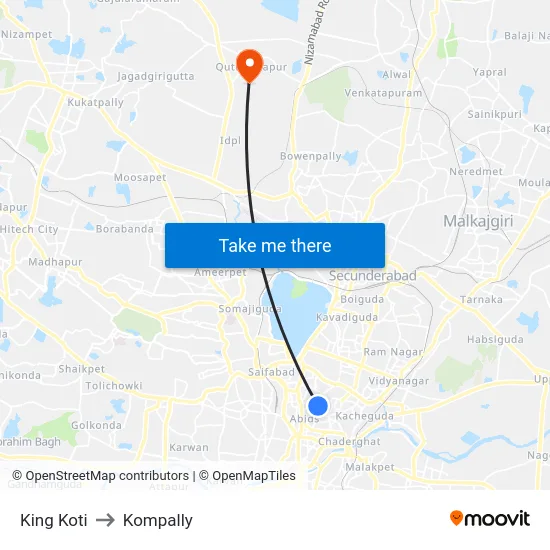 King Koti to Kompally map