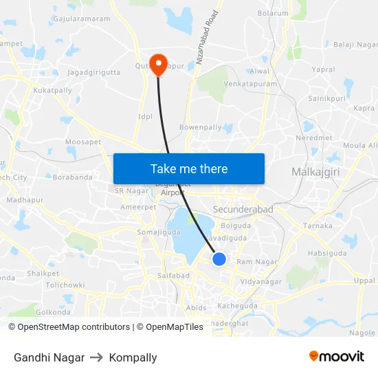 Gandhi Nagar to Kompally map
