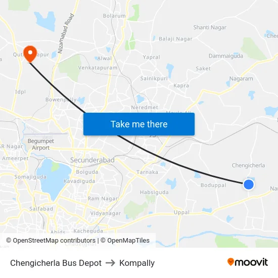 Chengicherla Bus Depot to Kompally map