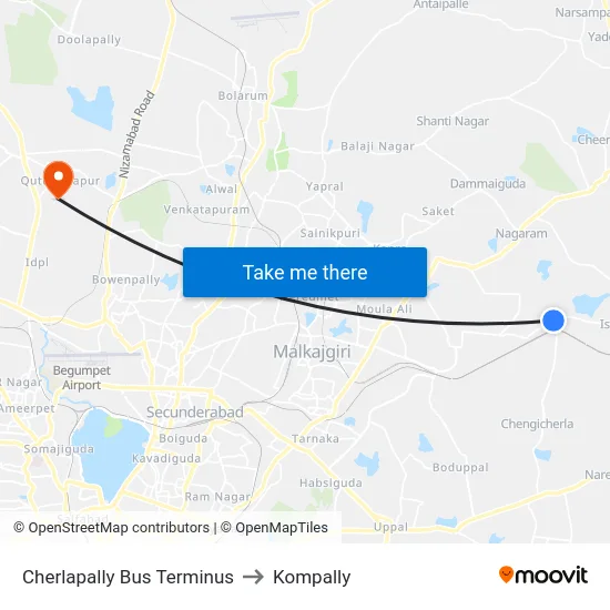 Cherlapally Bus Terminus to Kompally map