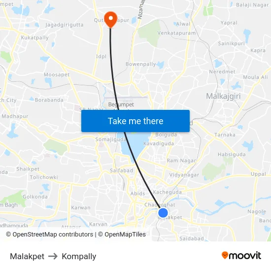 Malakpet to Kompally map