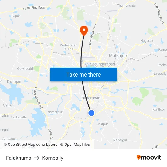 Falaknuma to Kompally map
