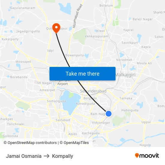 Jamai Osmania to Kompally map