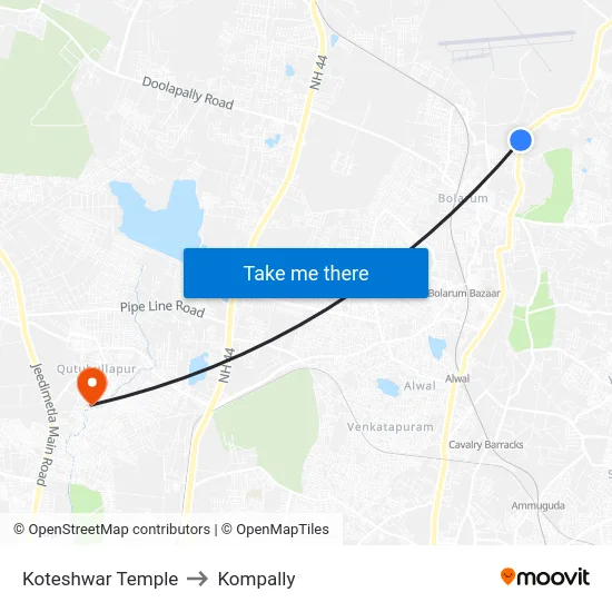 Koteshwar Temple to Kompally map