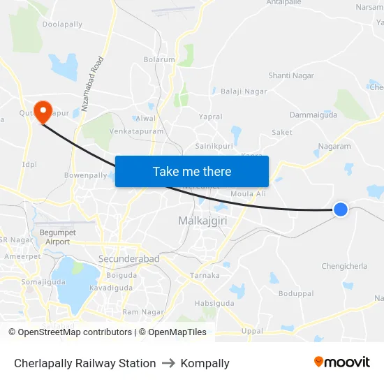 Cherlapally Railway Station to Kompally map