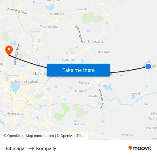 Bibinagar to Kompally map