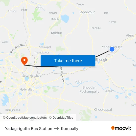 Yadagirigutta Bus Station to Kompally map