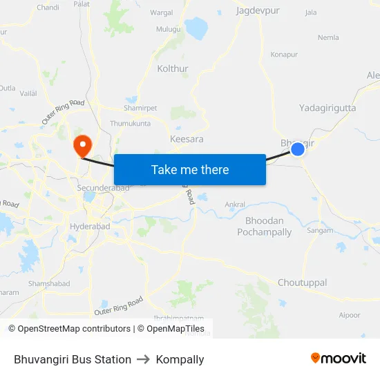 Bhuvangiri Bus Station to Kompally map