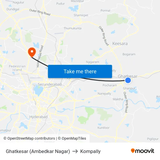Ghatkesar (Ambedkar Nagar) to Kompally map