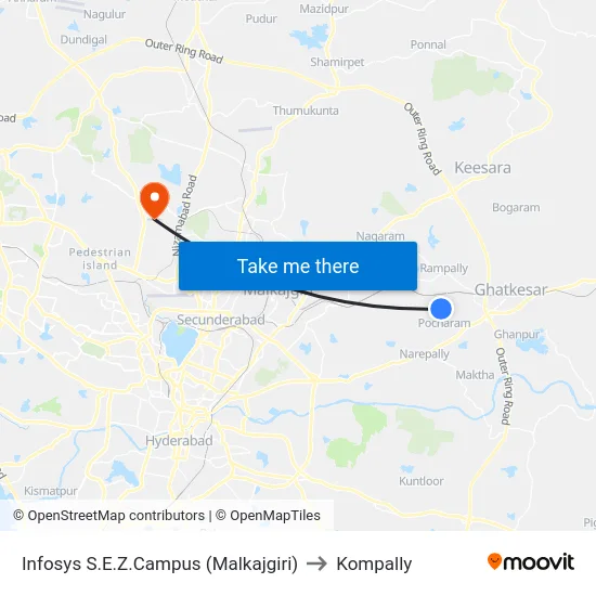 Infosys S.E.Z.Campus (Malkajgiri) to Kompally map