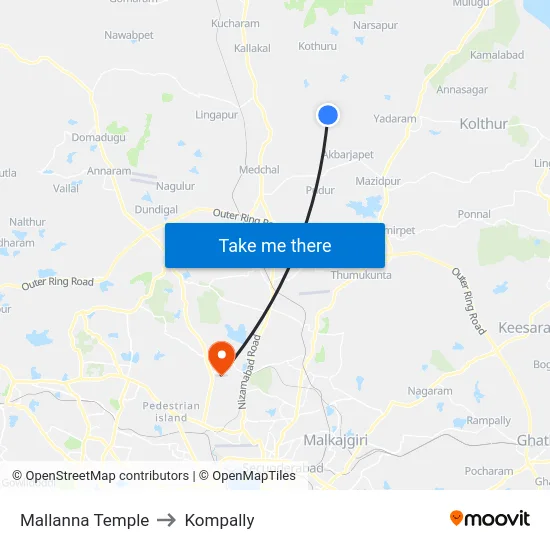Mallanna Temple to Kompally map