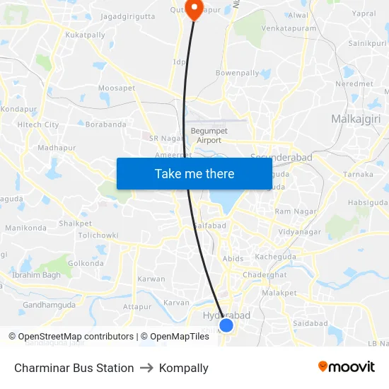 Charminar Bus Station to Kompally map