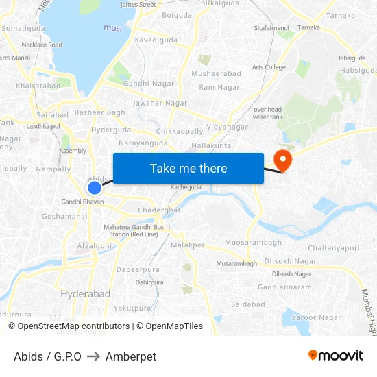 Abids / G.P.O to Amberpet map