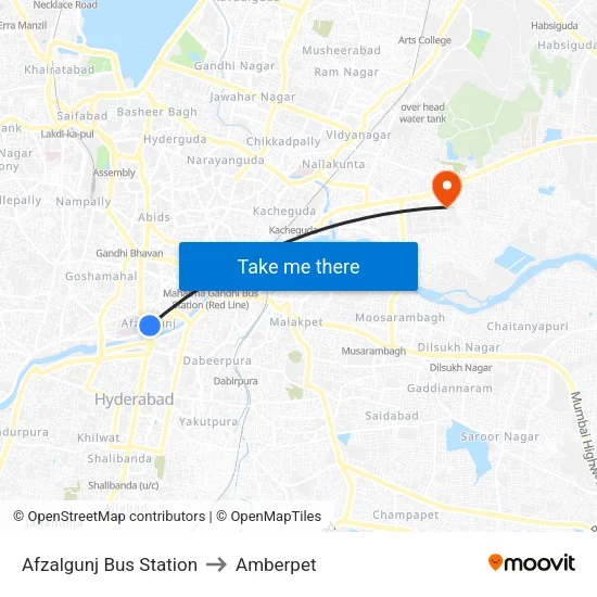 Afzalgunj Bus Station to Amberpet map