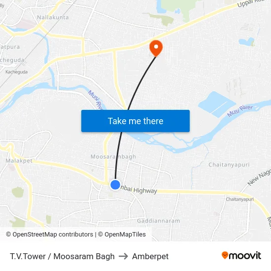 T.V.Tower / Moosaram Bagh to Amberpet map