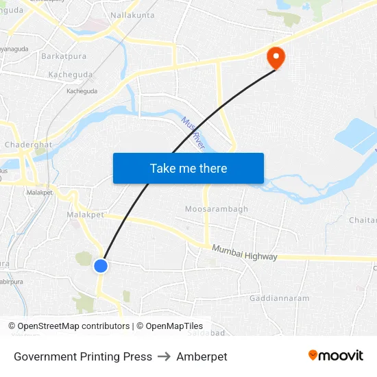 Government Printing Press to Amberpet map
