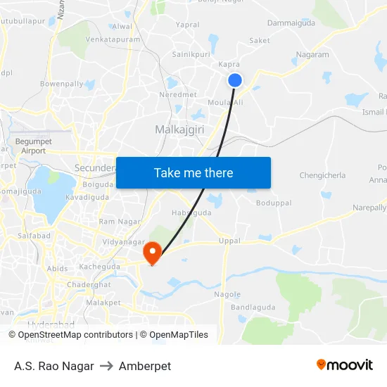 A.S. Rao Nagar to Amberpet map