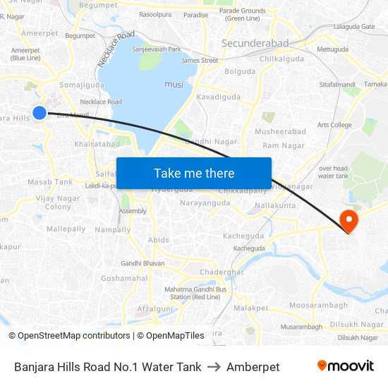 Banjara Hills Road No.1 Water Tank to Amberpet map
