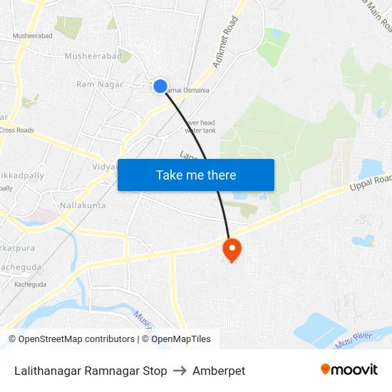 Lalithanagar Ramnagar Stop to Amberpet map