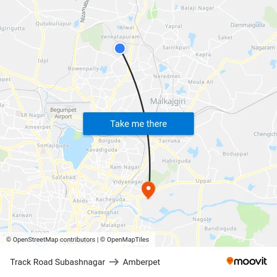 Track Road Subashnagar to Amberpet map