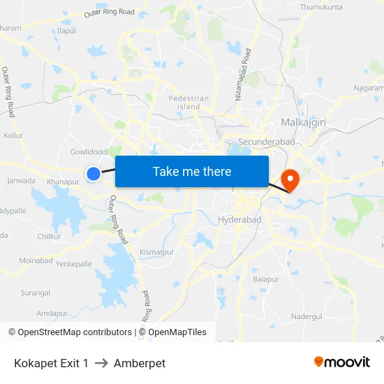 Kokapet Exit 1 to Amberpet map