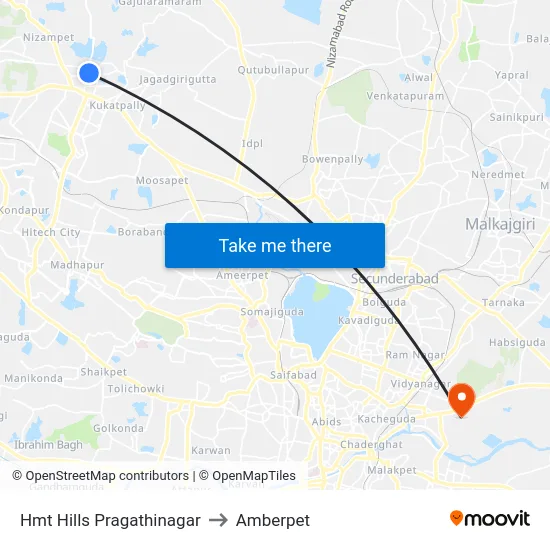 Hmt Hills Pragathinagar to Amberpet map