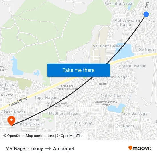 V.V Nagar Colony to Amberpet map