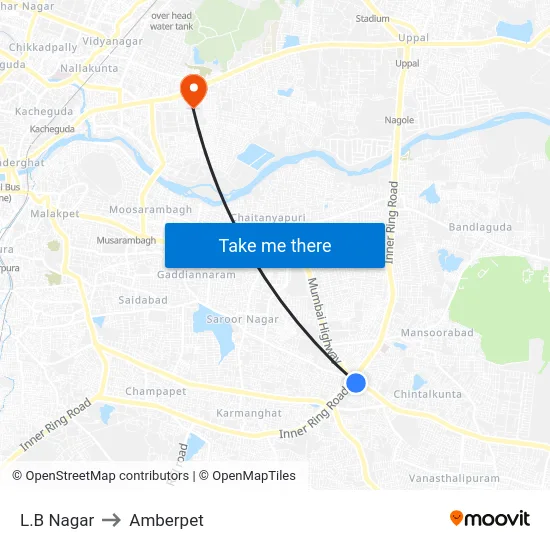 L.B Nagar to Amberpet map
