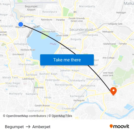 Begumpet to Amberpet map
