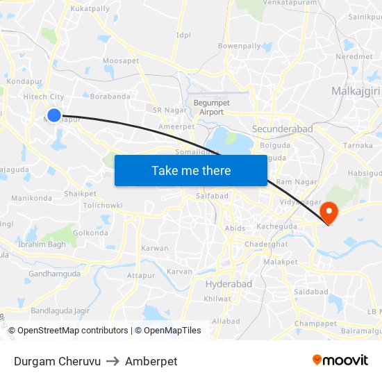 Durgam Cheruvu to Amberpet map