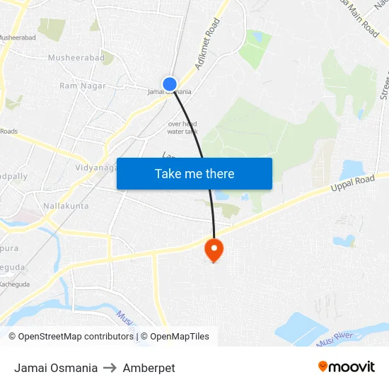 Jamai Osmania to Amberpet map