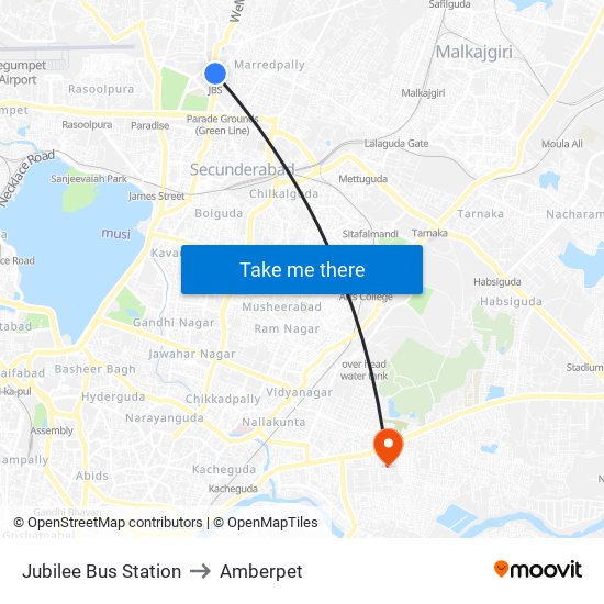 Jubilee Bus Station to Amberpet map