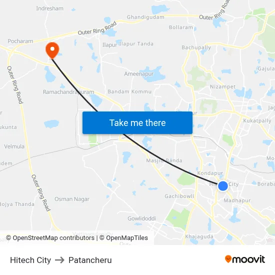 Hitech City to Patancheru map